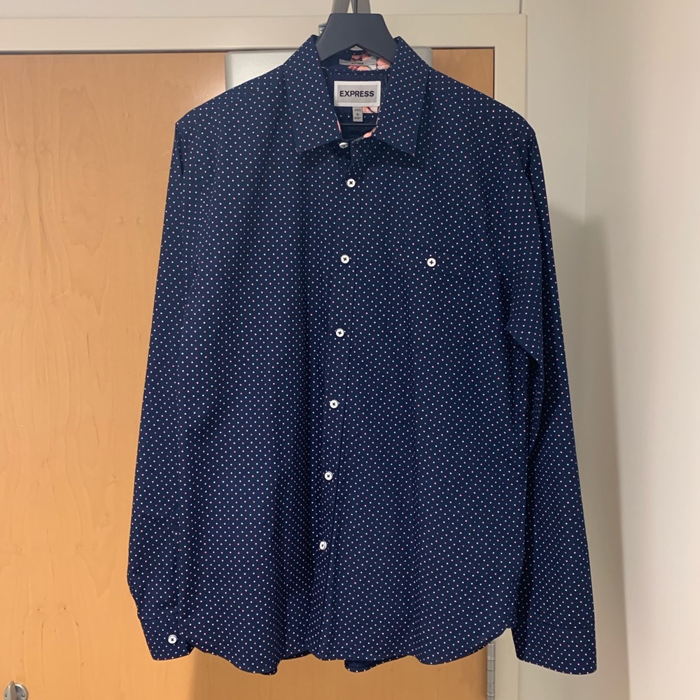 Navy Blue Express Botton Down with pink dots